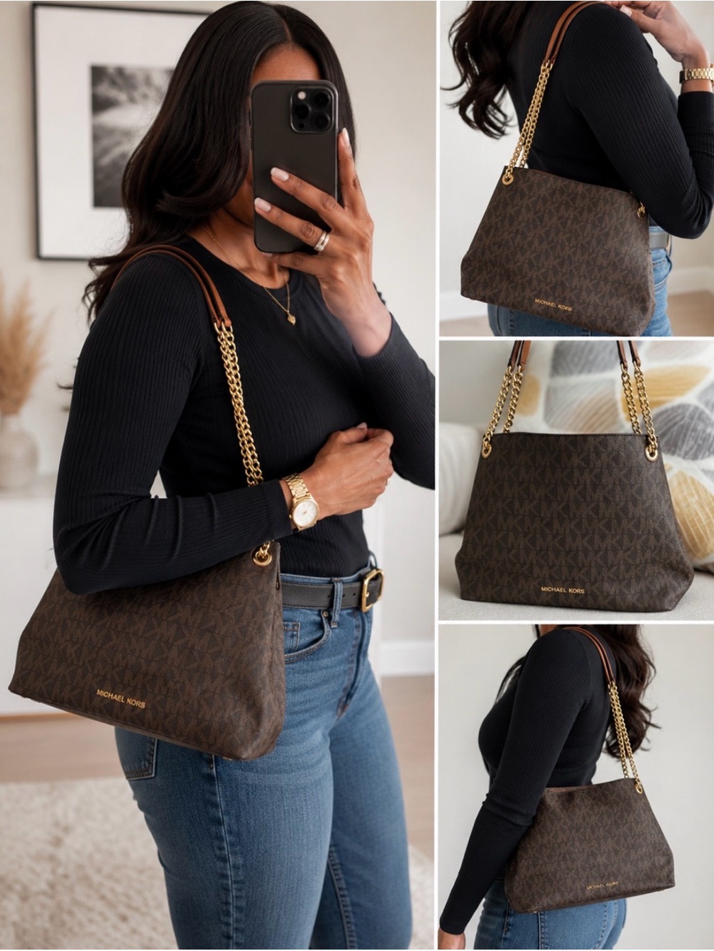 Michael Kors Brown MK Logo Shoulder Bag with Gold Chain